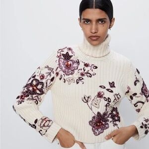 ZARA CREAM PINK PURPLE EMBROIDERED SEQUIN RHINESTONE EMBELLISHED FLORAL SWEATER
